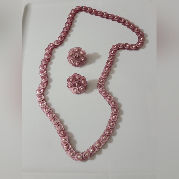 Set Vintage 80's button necklace earrings pierced pearls lavender purple handmad - Picture 9 of 10